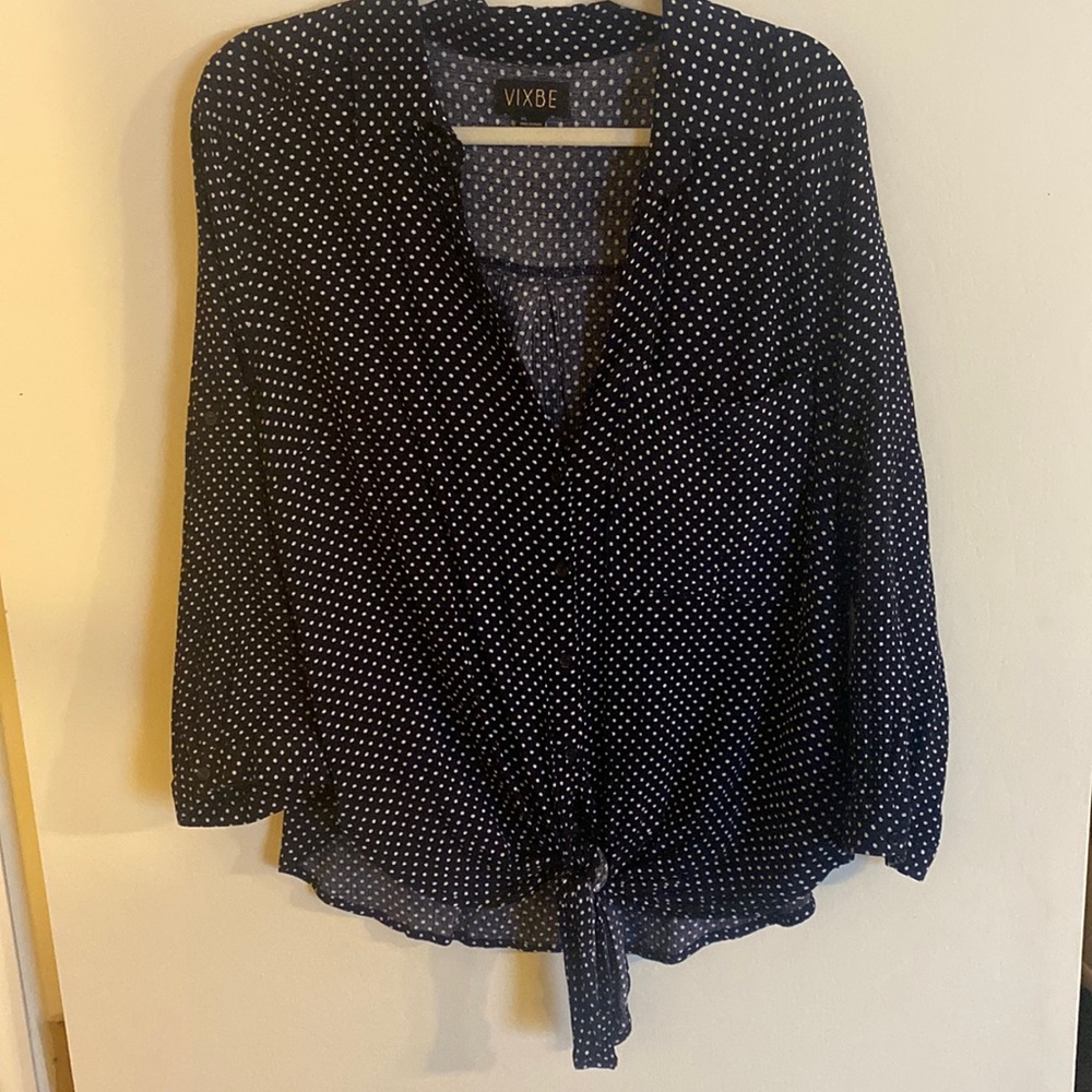Navy and White polka dot button top